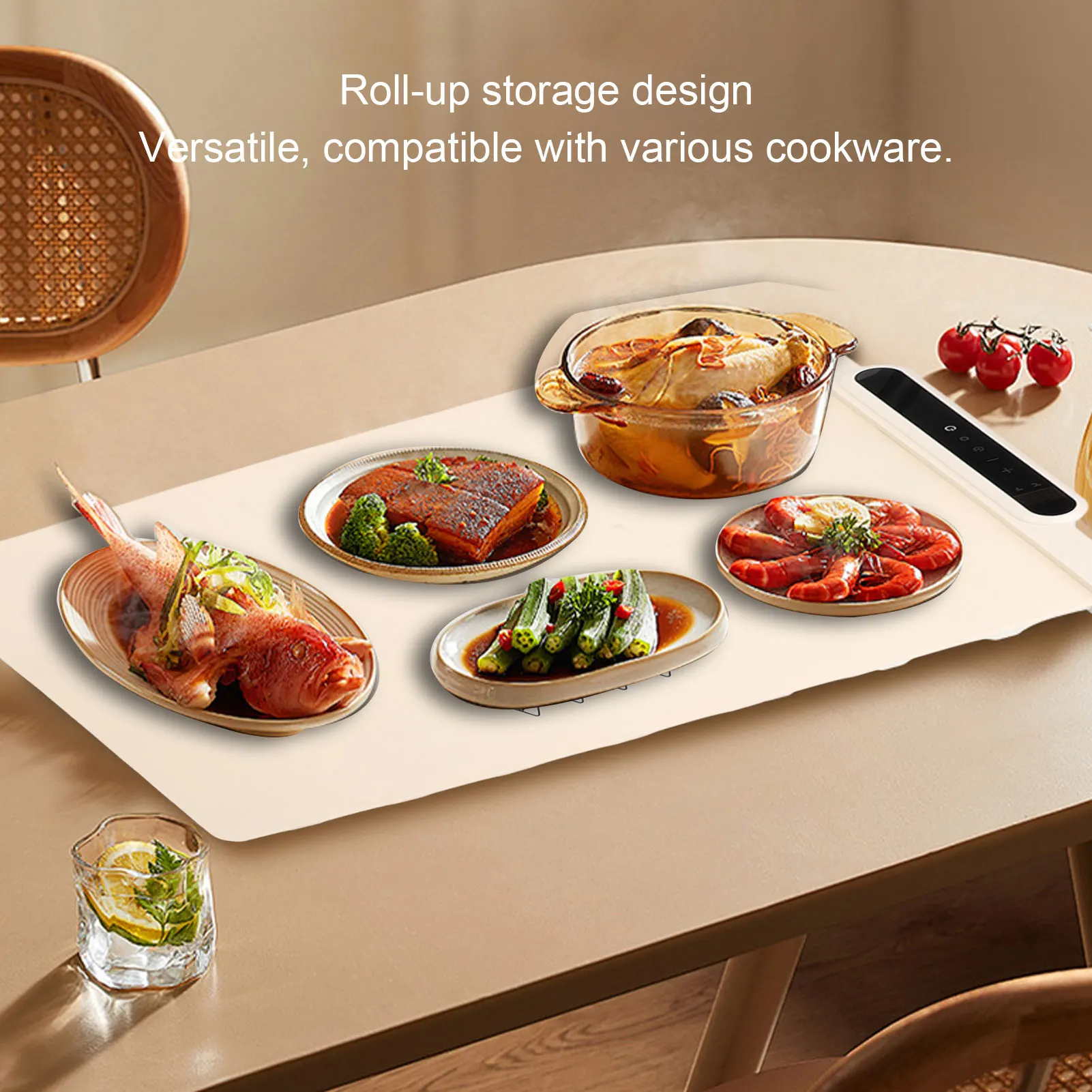 صينية تدفئة كهربائية قابلة للدوران، درجة حرارة قابلة للتعديل، تسخين سطح كامل، حصيرة طعام من السيليكون، إيقاف تلقائي للحفلات