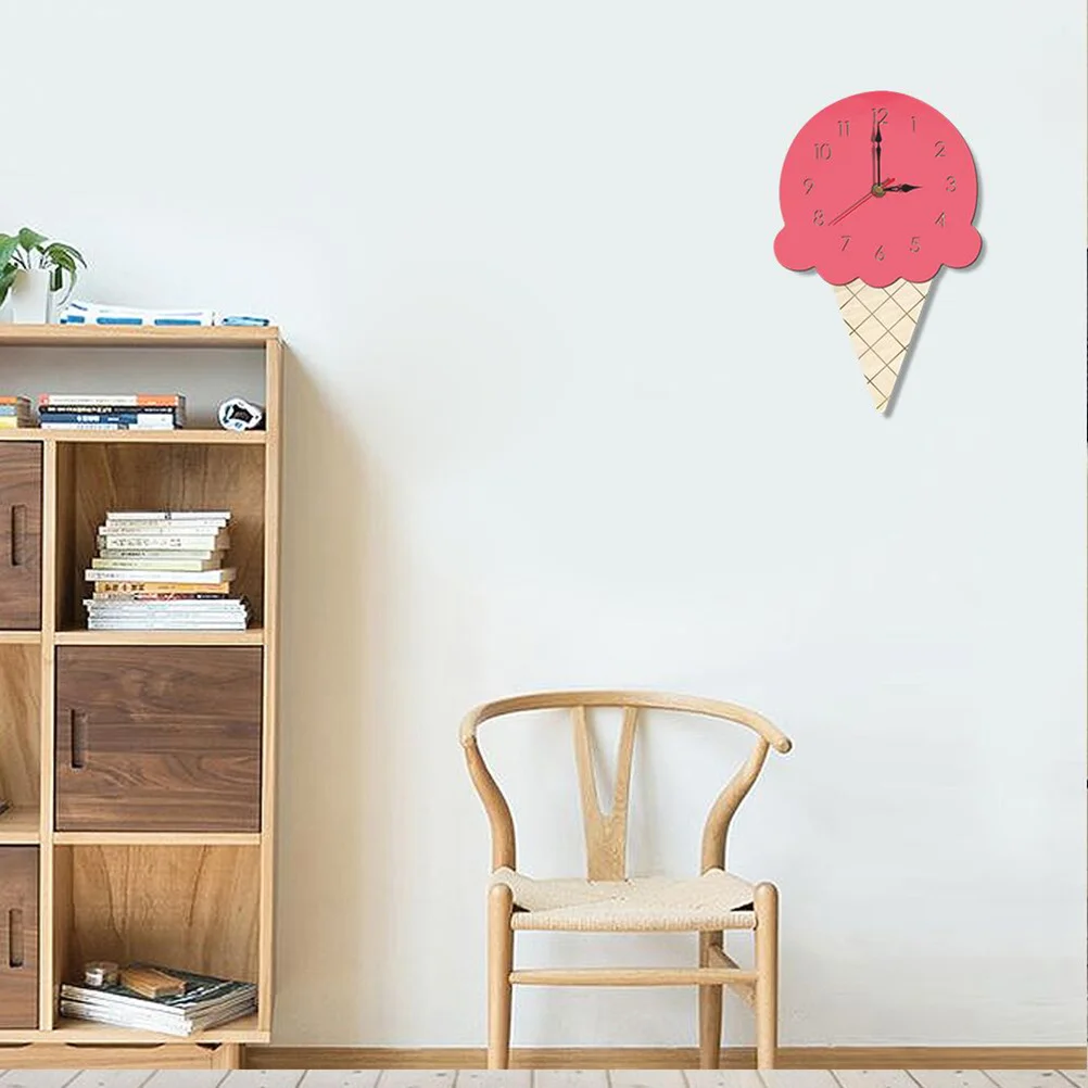 

Pink Ice Cream Hanging Wall Clock Acrylic Wood Cartoon Decoration for Home Living Room Kindergarten Creative Simple Bedroom
