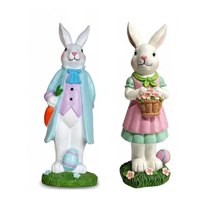 Easter Resin Rabbit Sculpture Ornament Garden Courtyard Cartoon Animal Decoration Painted Rabbit Statue Indoor Aesthetic Decor