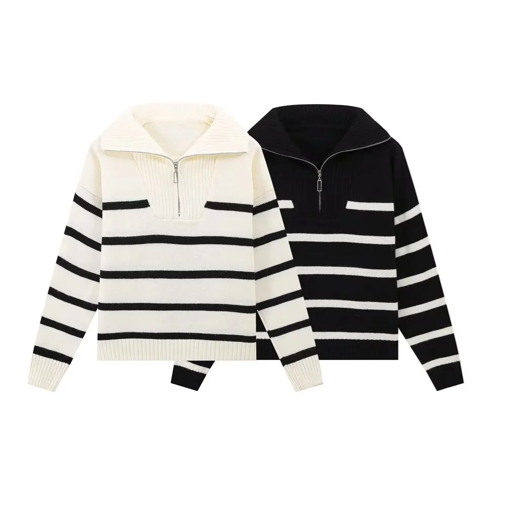 Taop&Za   Autumn new women's fashionable casual versatile lapel long sleeved zipper decorated striped pullover sweater