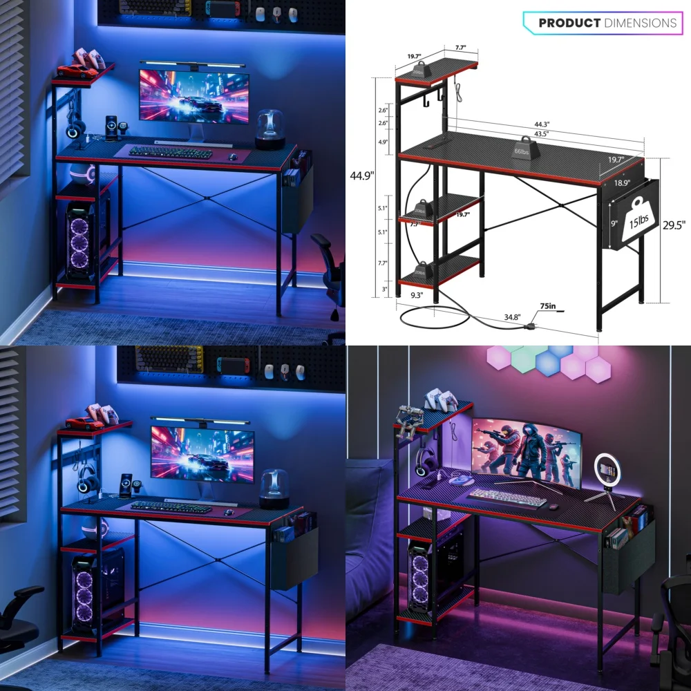 โต๊ะคอมพิวเตอร์ โต๊ะเกมมิ่งขนาด 44 นิ้ว พร้อมไฟ RGB และปลั๊กไฟ สำหรับโฮมออฟฟิศ สีดำ