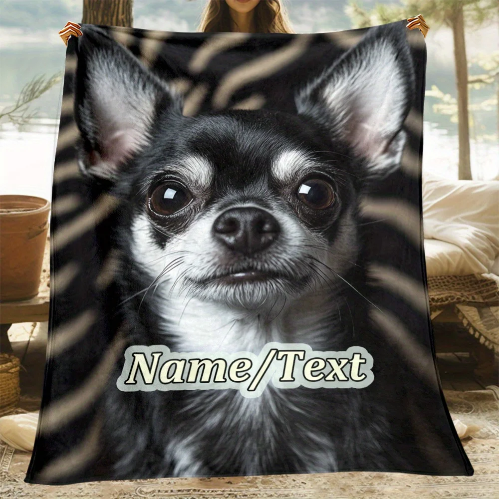 Custom name chihuahua pet dog flannel blanket, suitable for sofas, beds, Halloween, birthdays, children, friends, gifts.