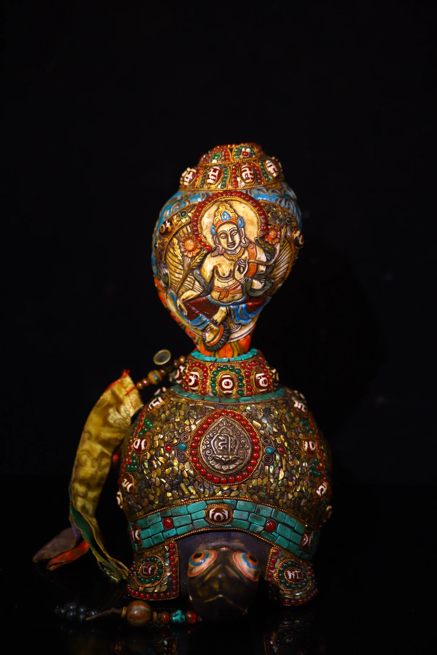 Conch Mosaic Gem gZi Beads Turquoise Yellow Jambhala Buddha Conch Meteorite Turtle Statue Base
