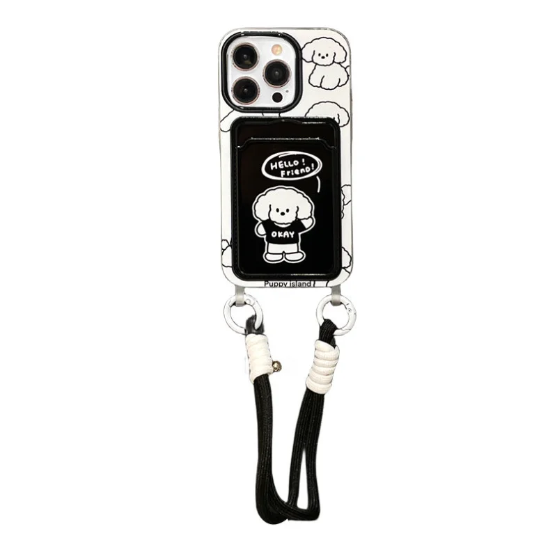 Card bag transparent black and white dog phone case with hanging rope For iPhone 11 12 13 14 15 16 pro max