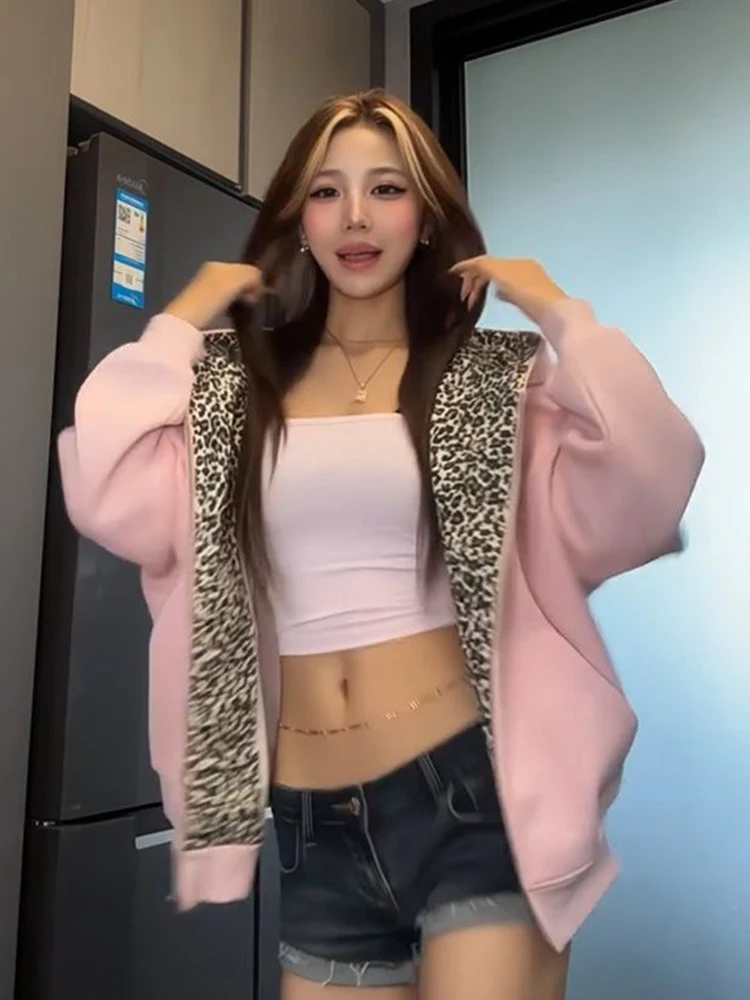 Zoki ليوبارد خمر الوردي هوديس المرأة فضفاضة الهيب هوب الشارع الشهير Y2K البلوز الأمريكية عادية خريف شتاء كم طويل بلوزات جديدة #6