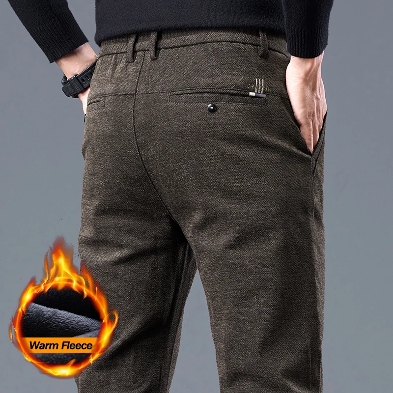 

Winter Warm Fleece Men's Casual Pants Fashion Korean Slim Chenille Fabric Elastic Thicken Business Plush Velvet Thermal Trousers