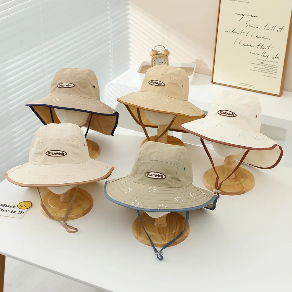 Summer Baby Girl Wide Brim Hat UV Protection Fisherman Cap Korean Style Sun Shield Shoulder Cape Children Sun Hat 52-54cm 2-6Y