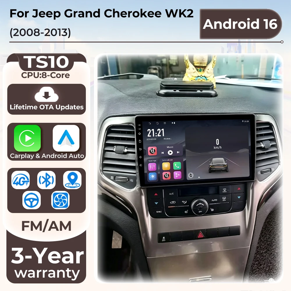 Android 16 Auto Carplay Car Radio For Jeep Grand Cherokee 2008 2009 2010 2011 2012 2013 Multimedia Player Stereo GPS Navigation