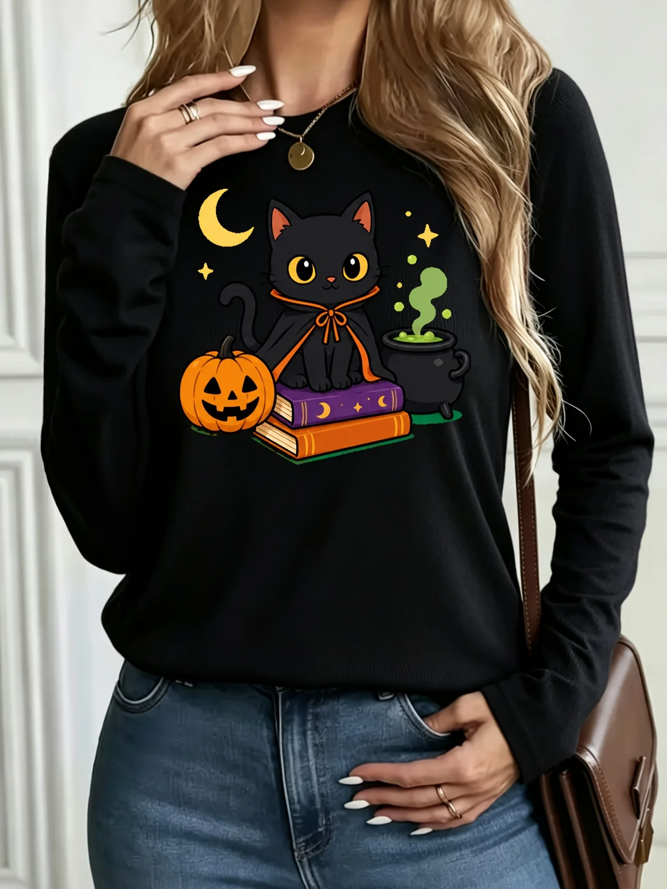 Casual Fashionable Easy Style Halloween Cute Magic Black Cat Pumpkin Book Print T-Shirt Long Sleeved Round Neck Women's Tops