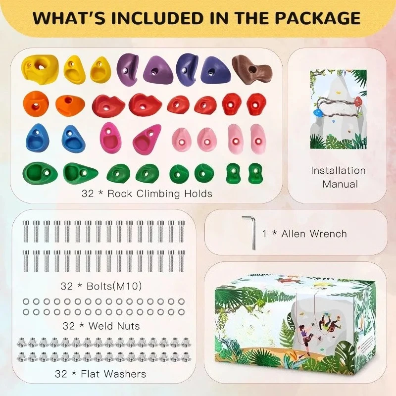 

Tool 32 Rock Climbing Holds Multi Size for Kids,Adult Rock Wall Holds Climbing Rock Wall Grips for Indoor