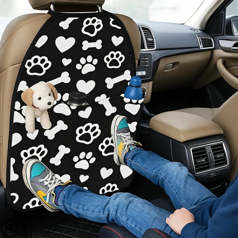 Car Seat Back Covers With Storage Pockets - Dog Paw, Bone & Heart Print For Pet Lovers
