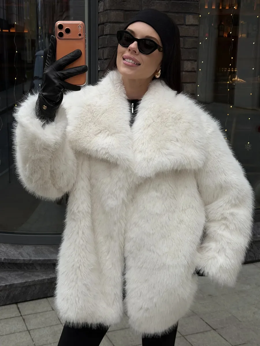 HDHOHR 2026 Winter Elegant Luxury Chic Thick Warm Soft Faux Fox Fur Coat Women Wide lapel High Quality Fluffy Fox Fur Jackets