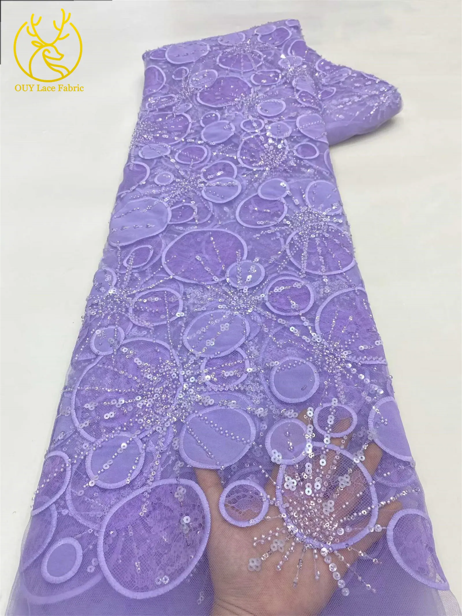 Luxuriöser afrikanischer Spitzenstoff mit Pailletten-Stickerei, gelb, 5 Yards, französischer nigerianischer Tüll-Spitzenstoff für Damen-Partykleider zum Nähen – Detail 13