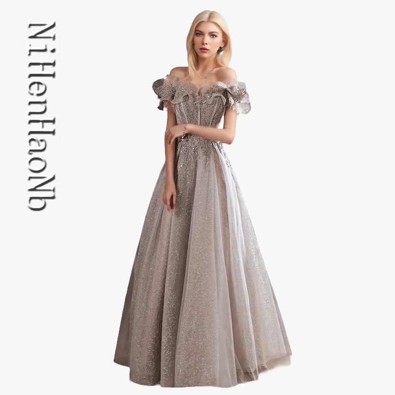 Elegante Grijze Avondjurk Off Shoulder Glanzende Lovertjes A-Lijn Veters Voor Vrouwen Formele Feest Galajurken