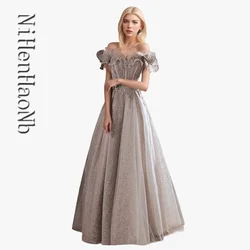 Elegant Gray Evening Dress Off Shoulder Shiny Sequin  A-line Lace Up Women Formal Party Prom Gowns