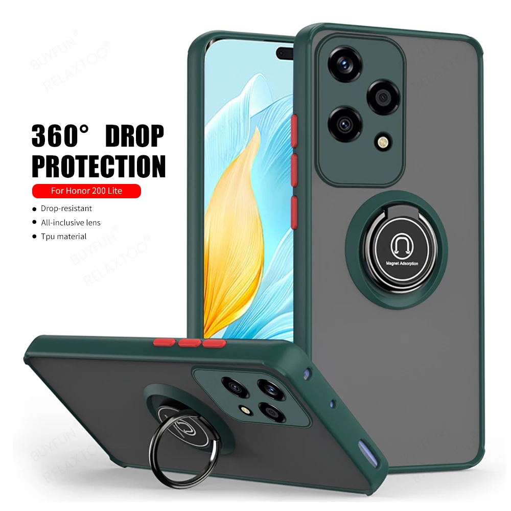 Honer 200 Lite 5G Case Shockproof Matte Armor Coque For Honor 200 Lite 200Lite Light 5G Magnet Holder Ring TPU Soft Frame Cover