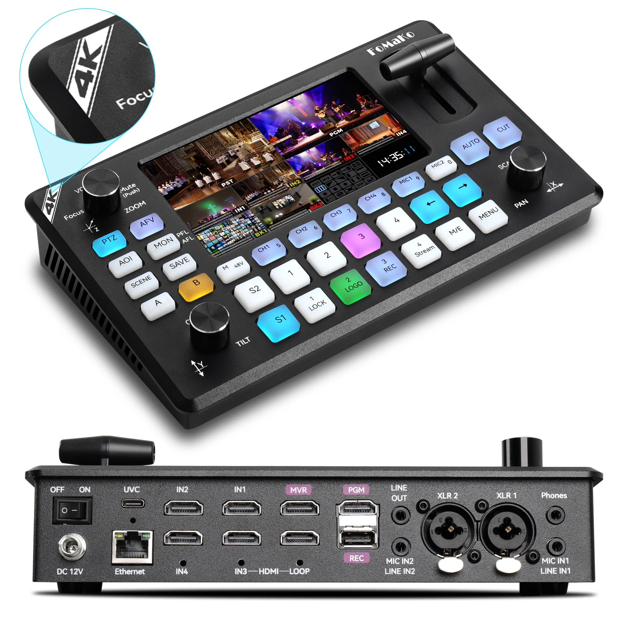

FoMaKo 4K HDMI Video Mixer Switcher,5.5 Inch FHD LCD Screen,4-Channel HDMI Live Streaming Switcher,4K 60FPS Input,1080p60FPS Out