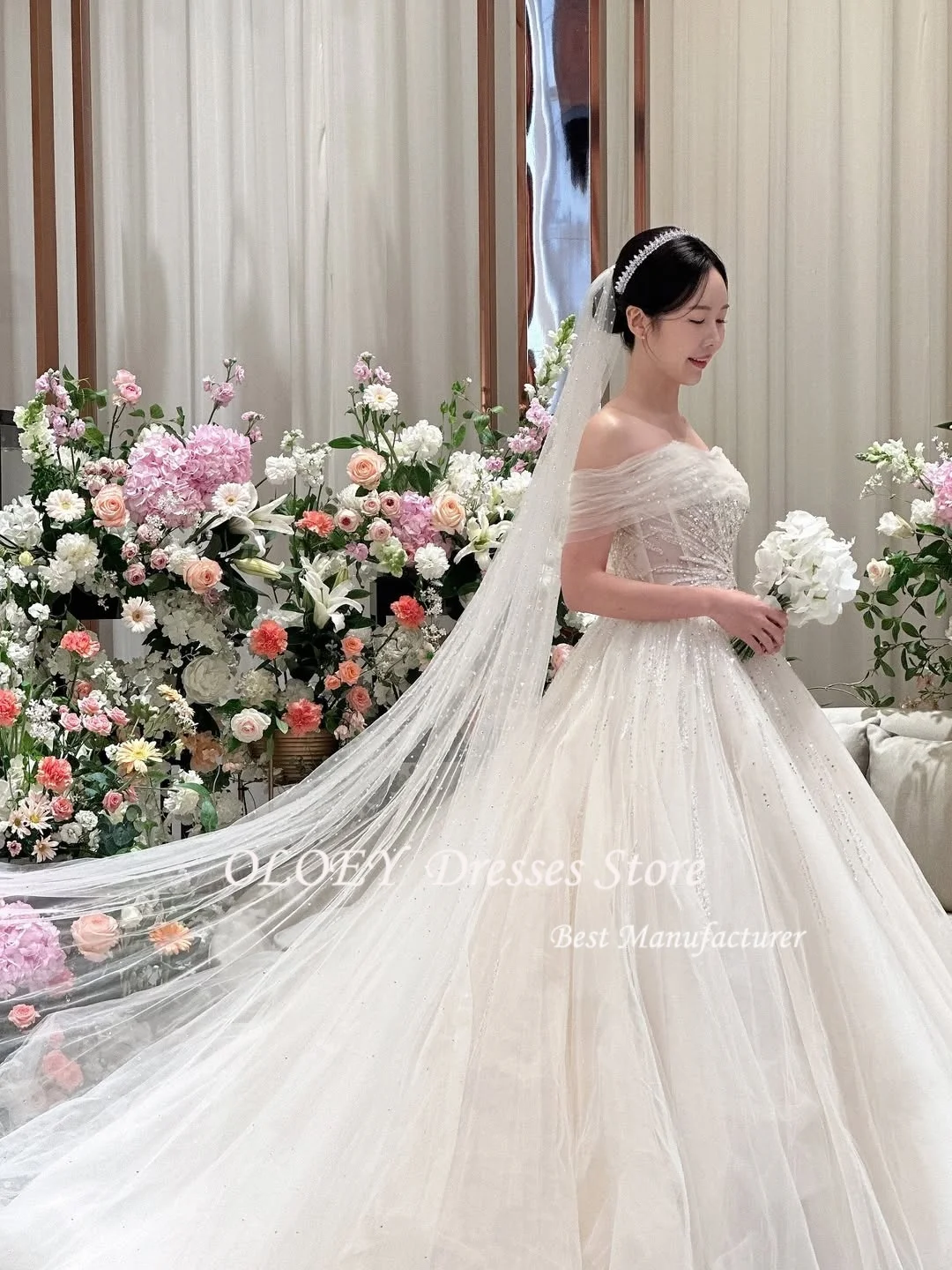 فساتين زفاف OLOEY مكشوفة الكتفين كوريا لحفلات الزفاف من التل اللامع برباط علوي فستاين سهرة/فساتين الحفلات مخصصة فساتين العروس الجميلة مقاس كبير