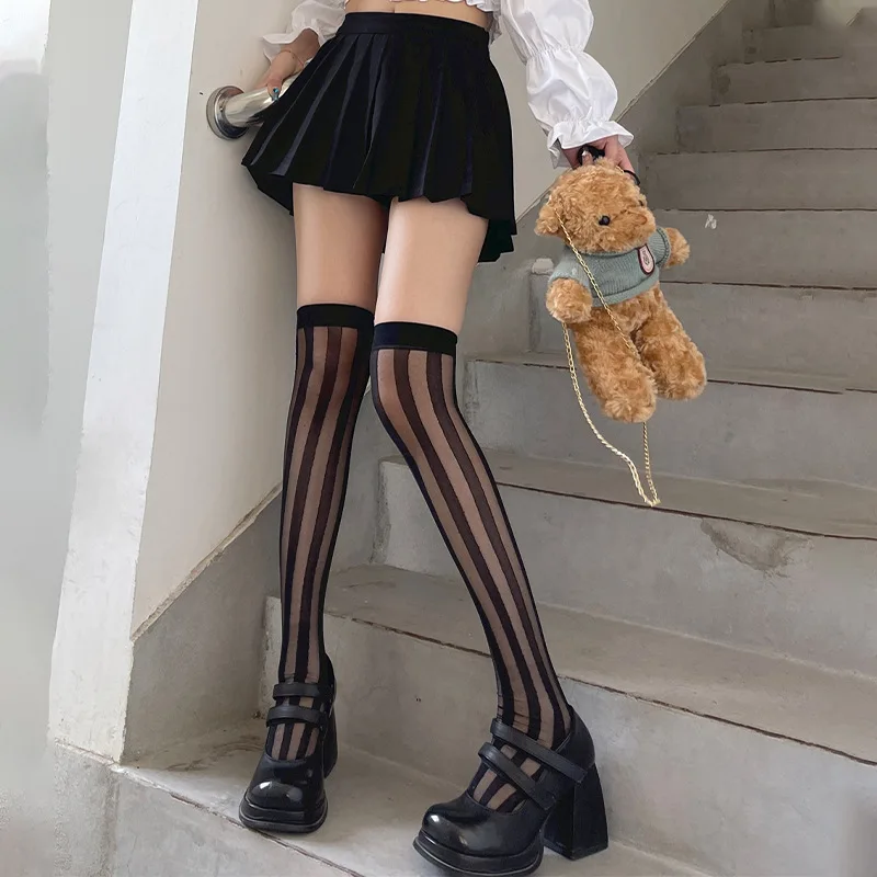 

Sexy Women's Stockings Vertical Stripe Gothic Dark Socks Lolita Japanese JK Hot Girl Uniform Thigh Socks Striped Jacquard Tights