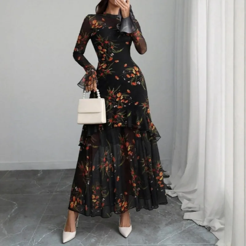 

Deeptown Vintage Black Floral Long Dresses Elegant Flare Sleeve Ruffle Maxi Evening Party Dress Women Mesh Beach Transparent