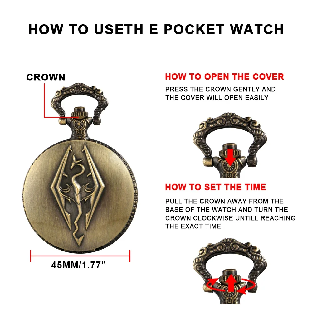 Retro Bronze Calssic Game Dragon Time Gemstone Quartz Pocket Watch Fashion Pendant Necklace Clock Men's and Women's Kids Gifts