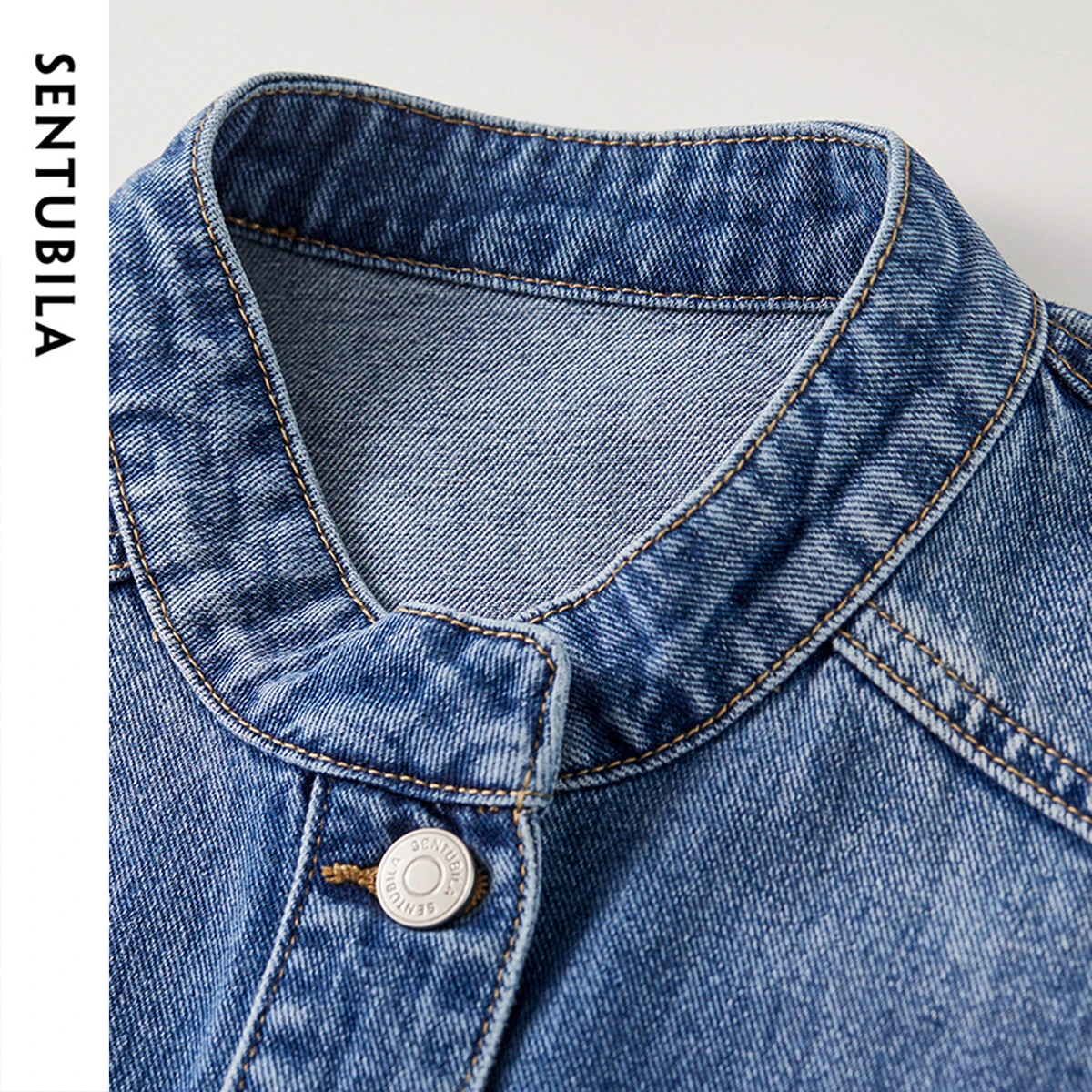 SENTUBILA Vintage Denim Jackets Women 2025 100% Cotton Patchwork Lace O-Neck Long Sleeve Single Breasted Outerwear W53WD3695X