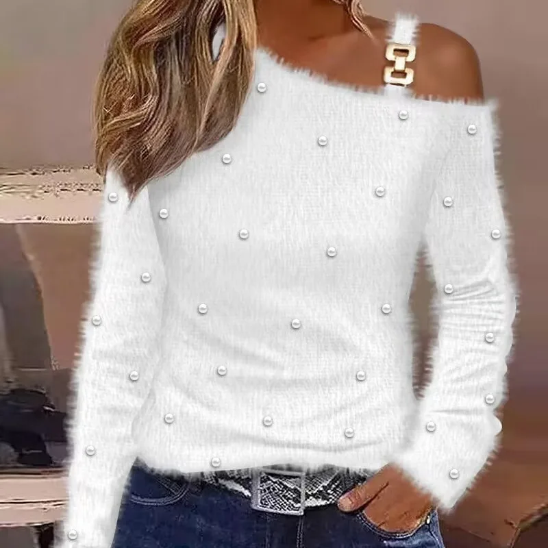 Women Fleece Off-Shoulder Long Sleeve Top Blouse Fashion Casual Pearl Beading Pullover