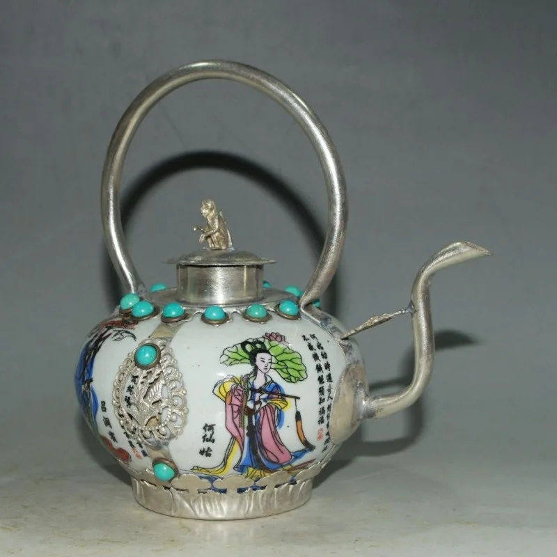 Antique White Porcelain Teapot Painted Eight Immortals Pattern Silver Mounted Inlaid Turquoise Home Decorative Ornament