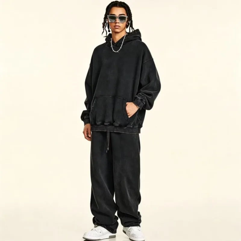 Luxury Design Men‘s Washed Hoodies Set Oversized Hooded Sweatshirt Wide Leg Pants Set Couple Outfit Vintage Streetwear Tracksuit - view 3