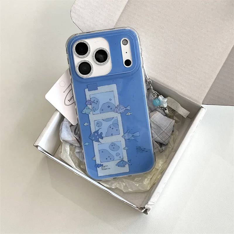 Kawaii الكرتون فقاعة الأسماك قضية الهاتف آيفون 17 برو 14 15 16 برو ماكس الغطاء الخلفي مع قلادة للصدمات لطيف واقية
