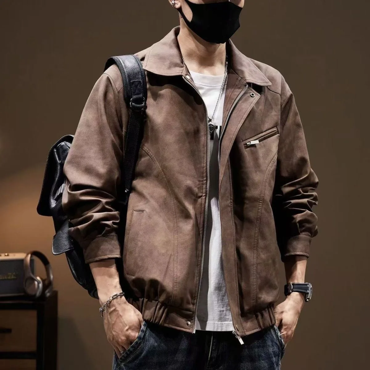 

Осень и весна, новая модная тенденция, американская винтажная однотонная флисовая куртка из оленьей кожи, мужская повседневная свободная спортивная куртка больших размеров