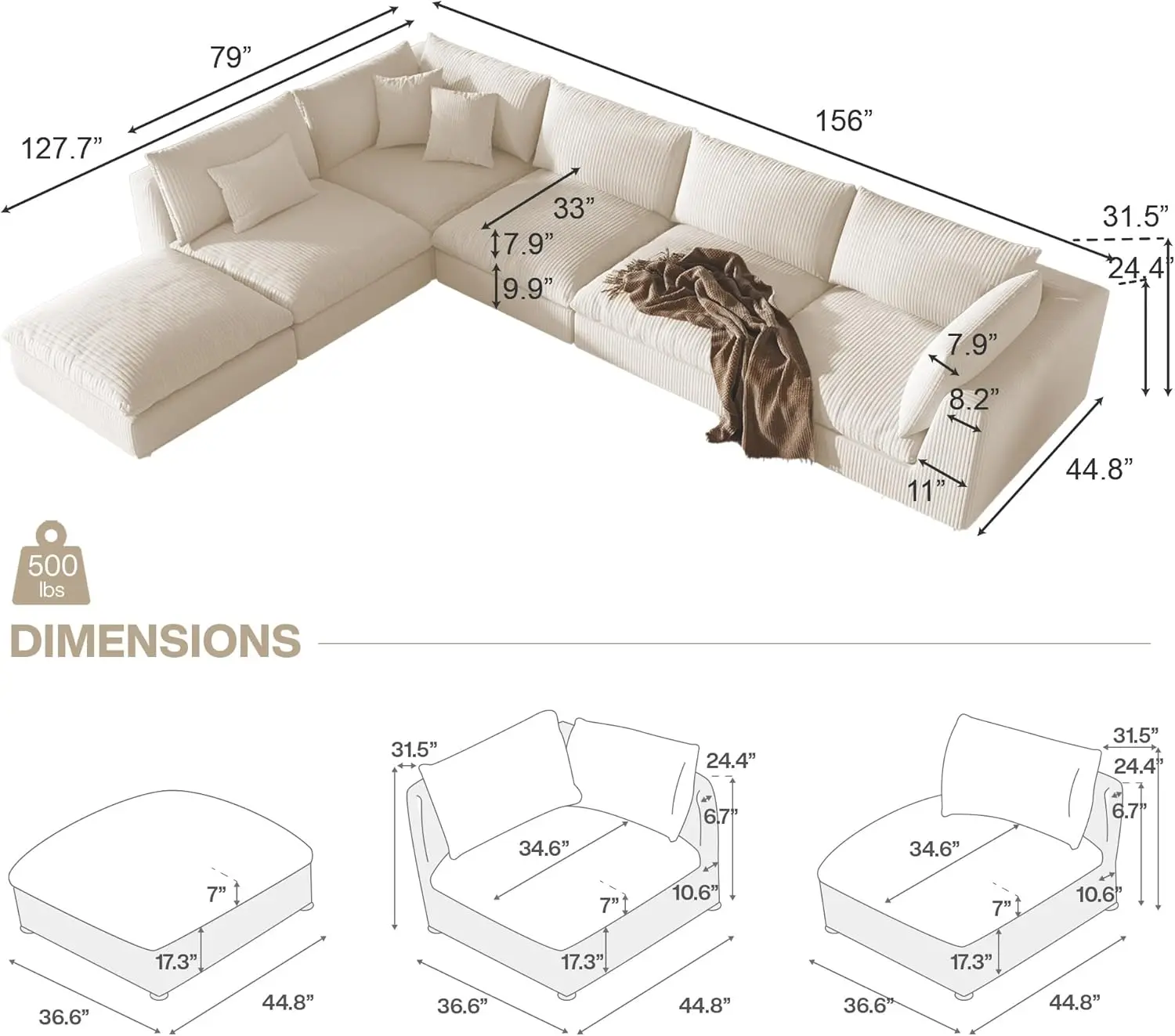 Couch Sectional, Sectional Sofa Couch, Modular Couch with Ottoman, Couches for Modern Living Room/Office