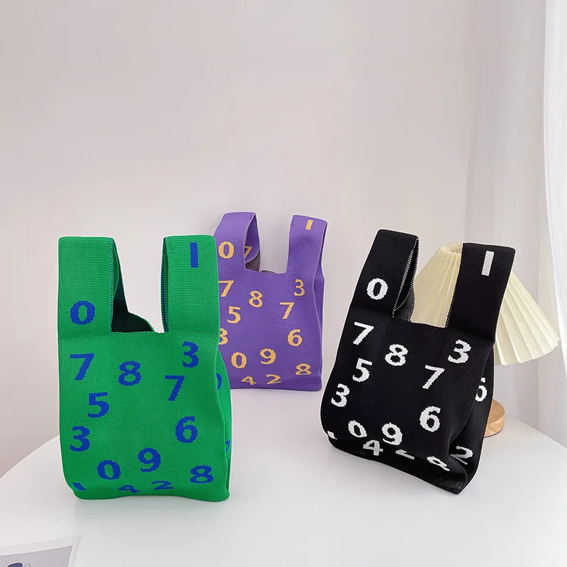 Knitting Fabric Women Handbag Coloured Numbers Design Eco Small Shopping Bag Decoration Purses Tote For Ladies Keys Pouch