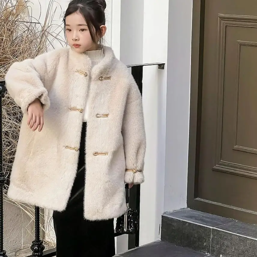 Girls' Faux Fur Coat 2024 Winter New Children's Thicker Warm Imitation Mink Fur Jacket A4250