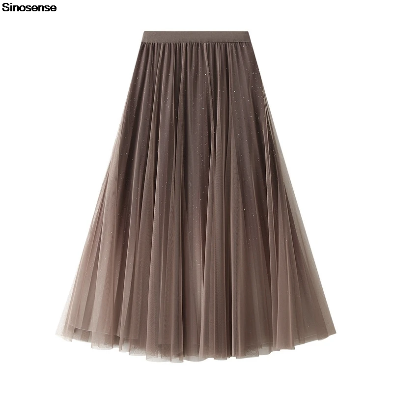 Womens Pleated Tulle Skirt Shinny Glitter Sparkly Elastic Waist A Line Mesh Skirt Elegant Work Office Night Club Party Skirt