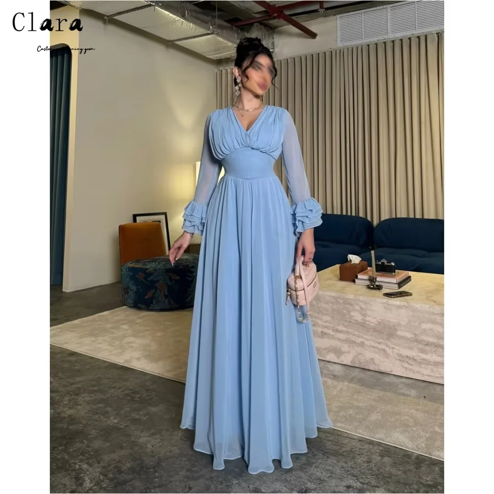 

Clara Custom V-neck Long Sleeves A-line Blue Gala Dresses Elegant Evening Party Dresses Luxury 2025 Women's Ball Gown Prom Dress