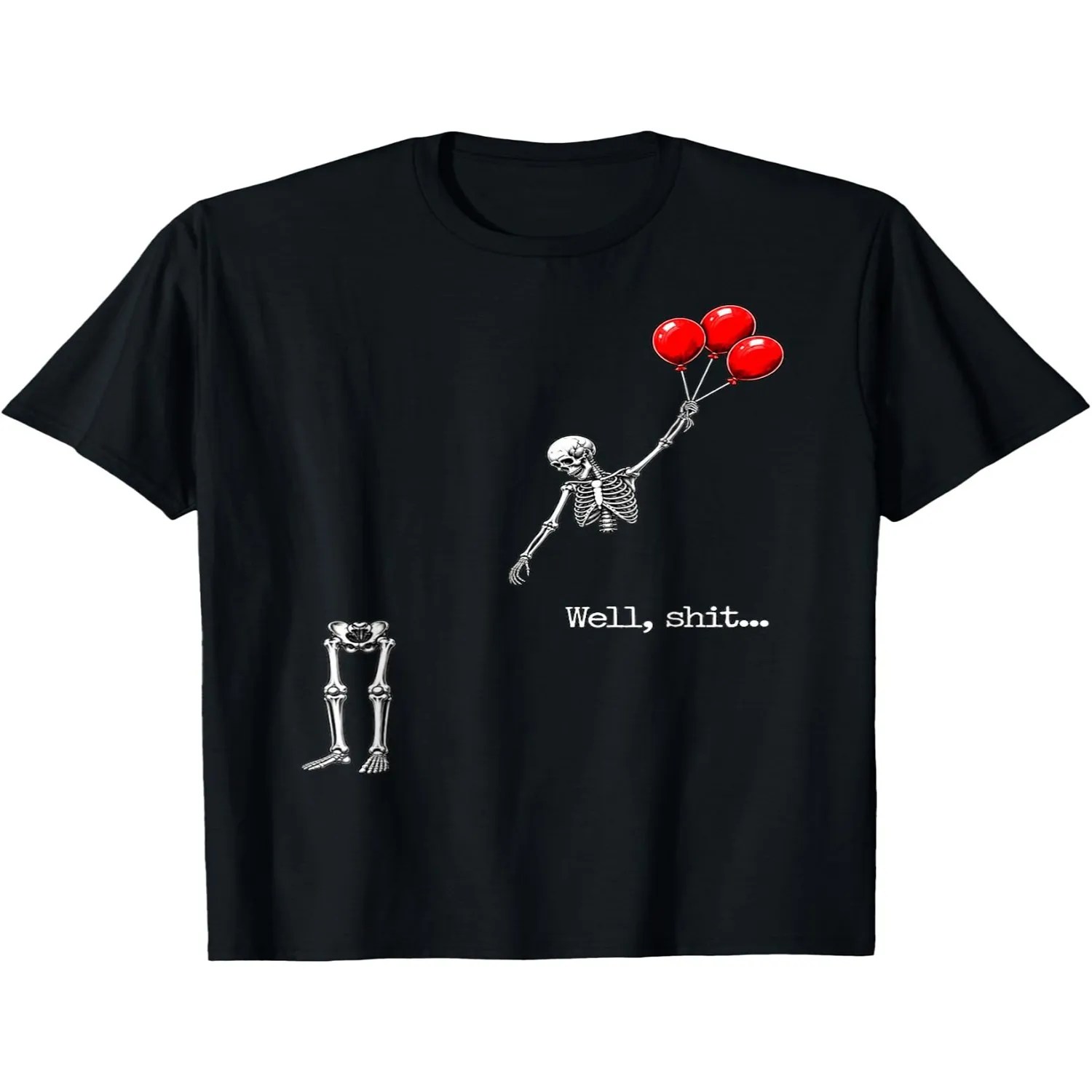 Well Shit Funny Skeleton Flying with Red Balloons T-Shirt, Round Neck Short Sleeve 100 Cotton T-shirt Digital Heat Transfer Casual T-shirt Short Sleeve T Shirt, Birthday Gift Tee