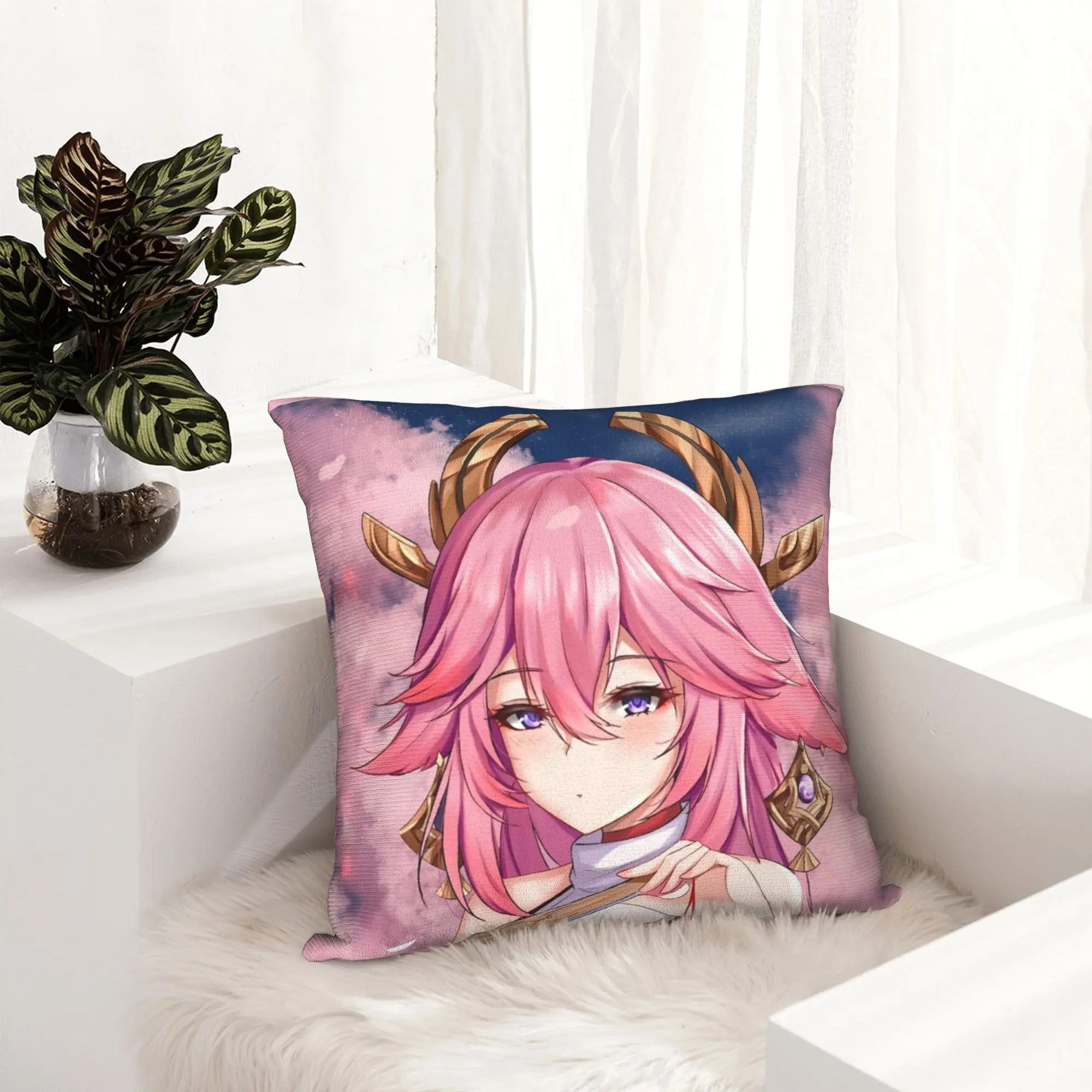 Yae Miko Genshin Impact Pillowcase Printed Polyester Cushion Cover Gift Waifu Anime Throw Pillow Case Cover Home Drop Shipping