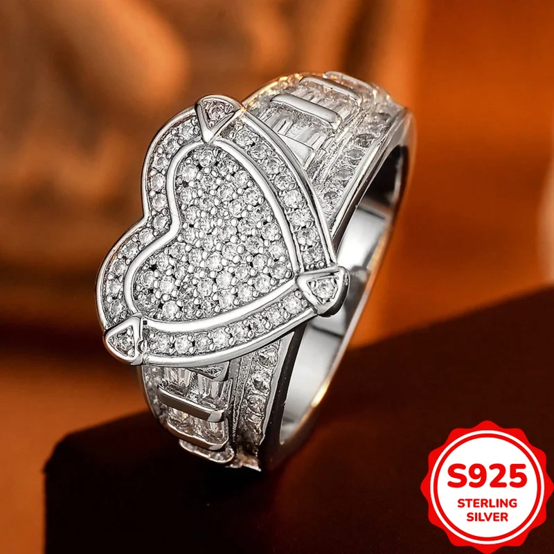 Luxurious and Personalized Genuine S925 Silver Heavy Industry Heart-shaped Diamond Ring for Women, Trendy, Cool and Versatile