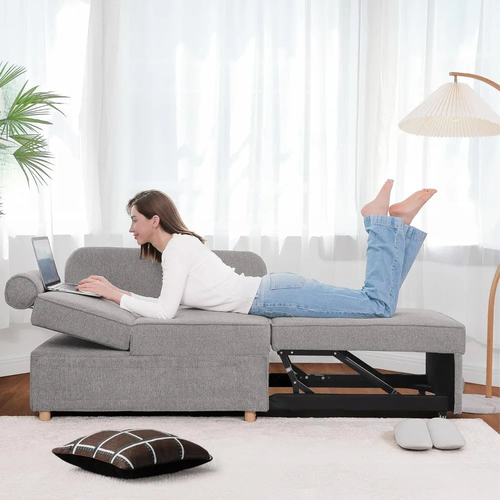 슬리퍼 소파 베드 4-in-1 컨버터블 소파, 리넨 패브릭 러브 시트 소파, 베개 2개, 작은 공간을 위한 싱글 리클라이너