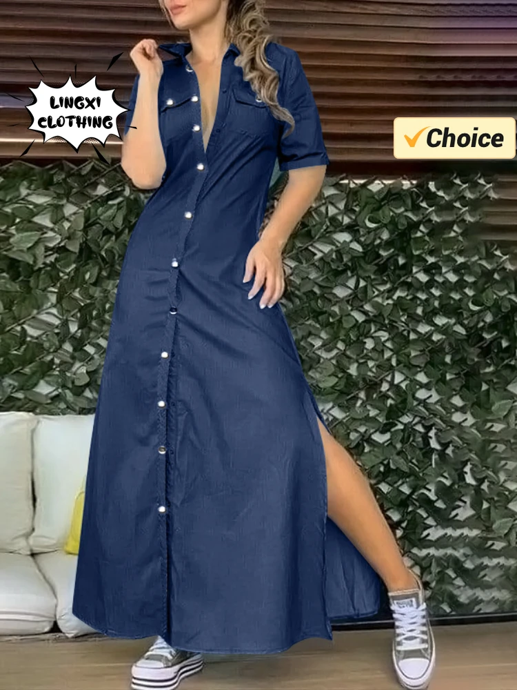 2024 Summer Fashion New Plus Size Denim Dress Single Breasted Split Tight Sexy Street Style Retro Elegant Robe Women\'s Dress