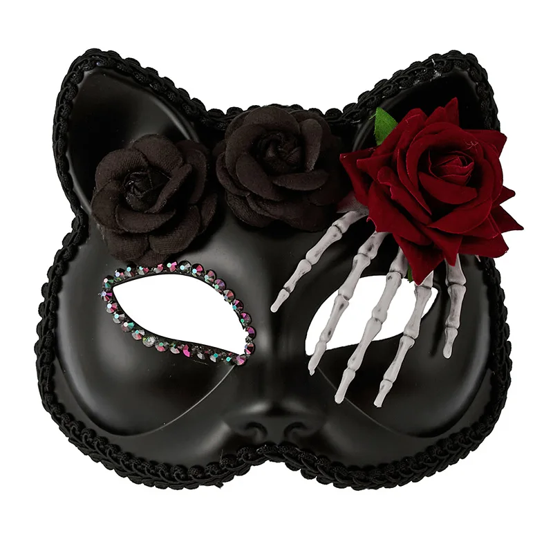 البندقية حفلة تنكرية القوطية الهيكل العظمي اليد الأحمر روز الزخرفية نصف قناع الظلام هالوين القط فتاة الرعاية قناع البلاستيك الأسود