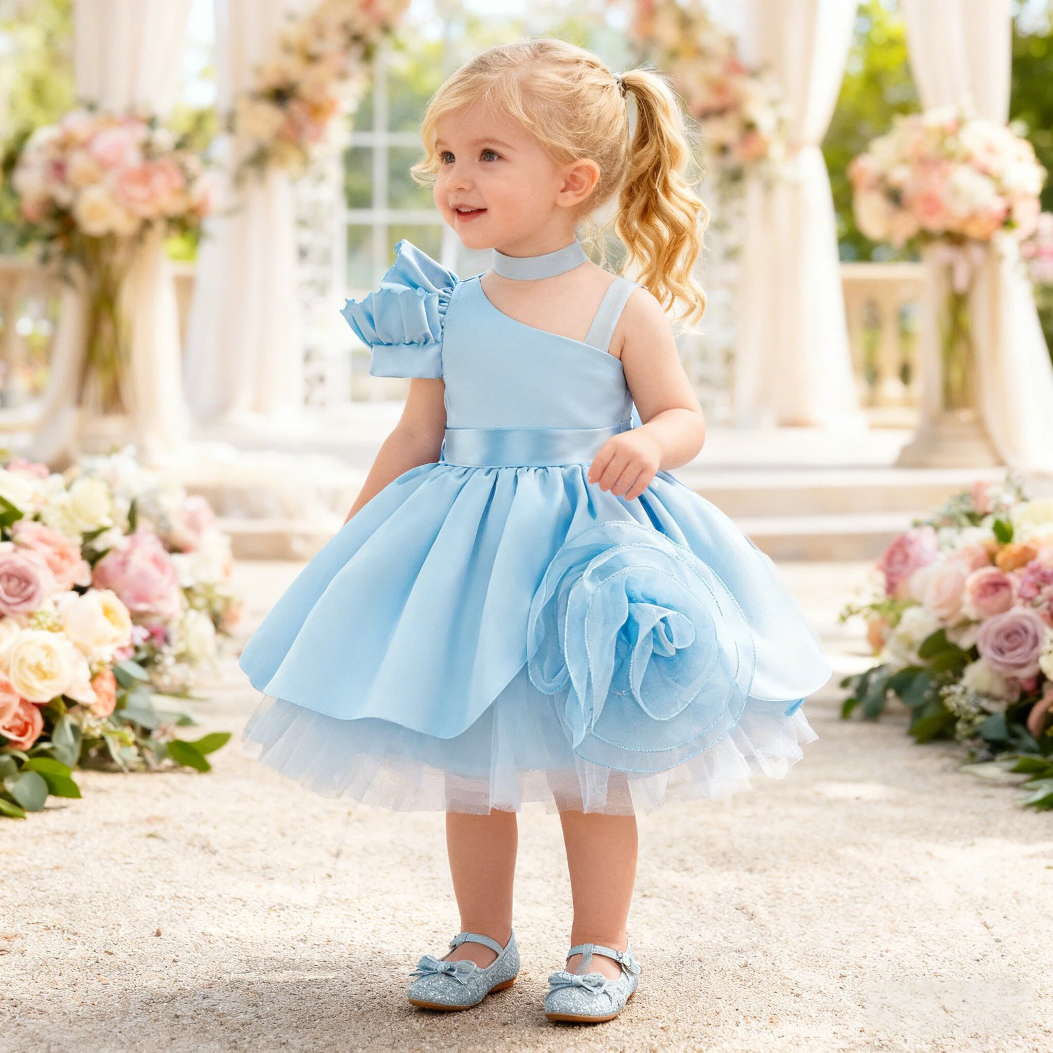 

Toddler Big Flower Party Baby Girls Dress Elegant 1st Birthday Wedding Princess Tutu Prom Dresses Girl Tulle Bridesmaids Costume