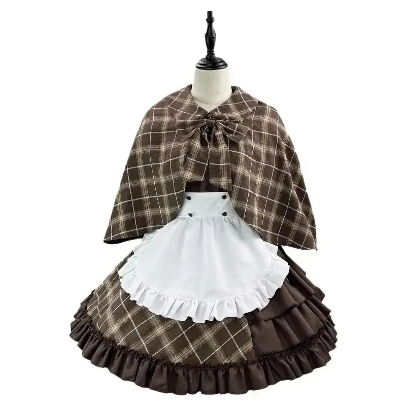 FallenVex Store Women Detective Maid Cosplay Costume Plus Size Plaid Dress with Cape Apron for Halloween Comic Role Play
