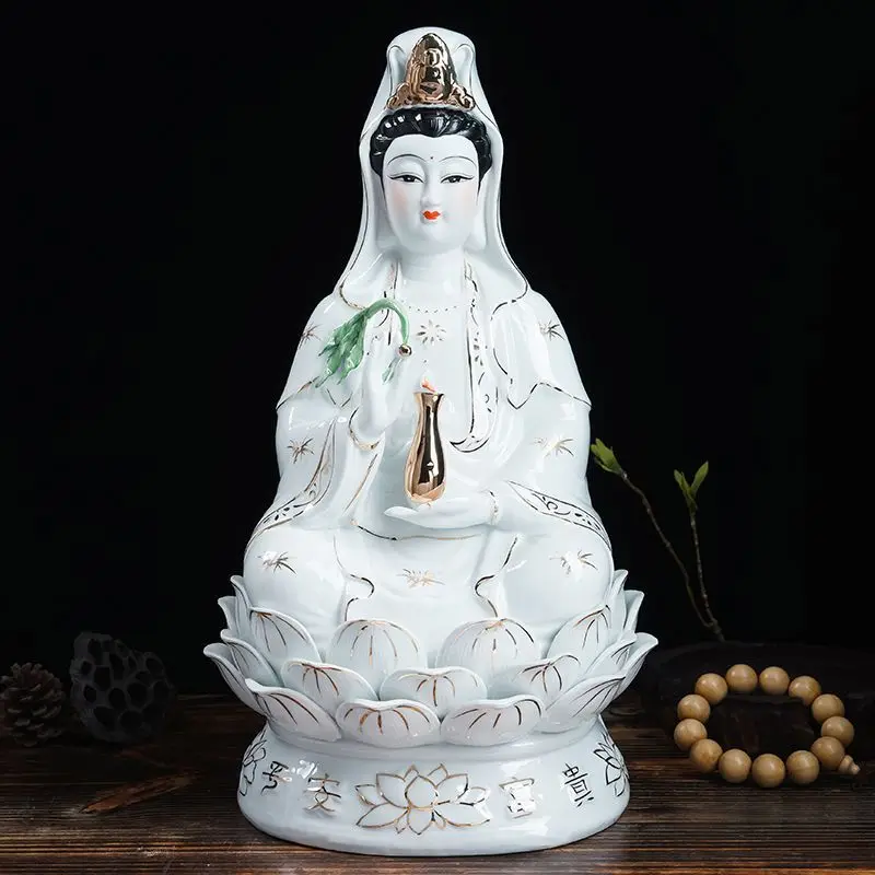 Ceramic White Jade Guanyin Sitting on Lotus Holding Vase Statue Home Decor Figurine