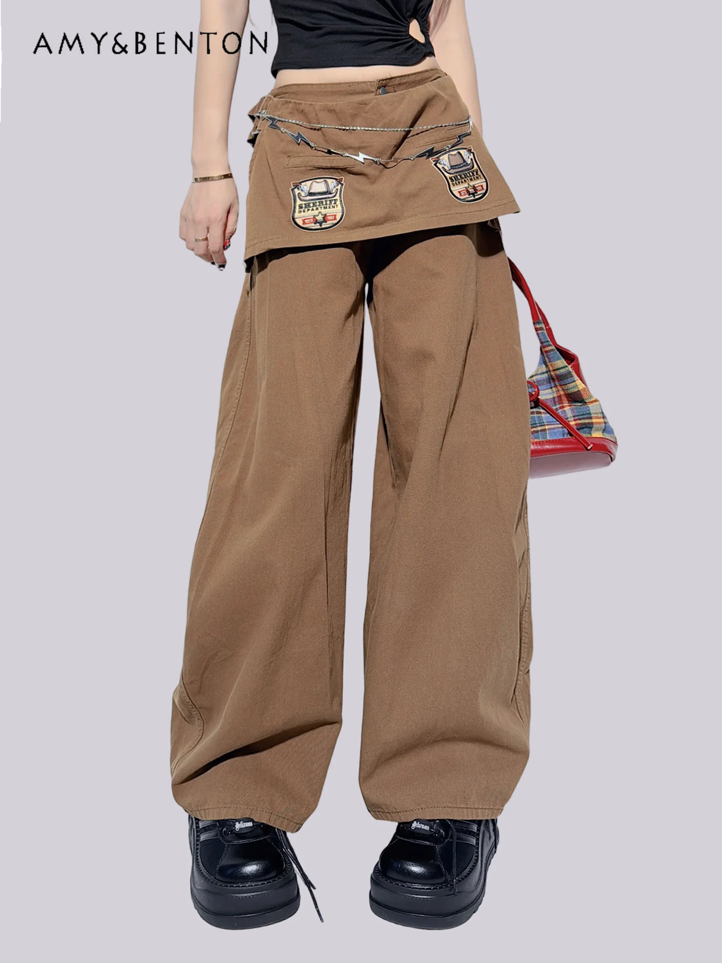 

Весенне-осенние женские джинсы в американском ретро-стиле с аппликацией в виде букв, кофейного цвета, с высокой талией, свободные, повседневные, широкие штанины