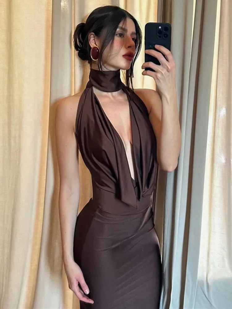 

Halter Hollow Out Backless Sexy Maxi Dress Women Fashion Off-shoulder Sleeveless Bodycon Split Club Party Long Dress