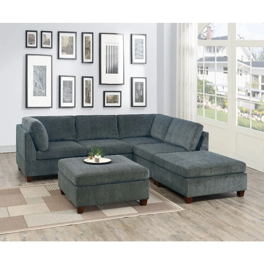 

Living Room Furniture Grey Chenille Modular Sectional 6pc Set Corner LSectional Modern Couch 2x Corner Wedge 2x Armless Chairs