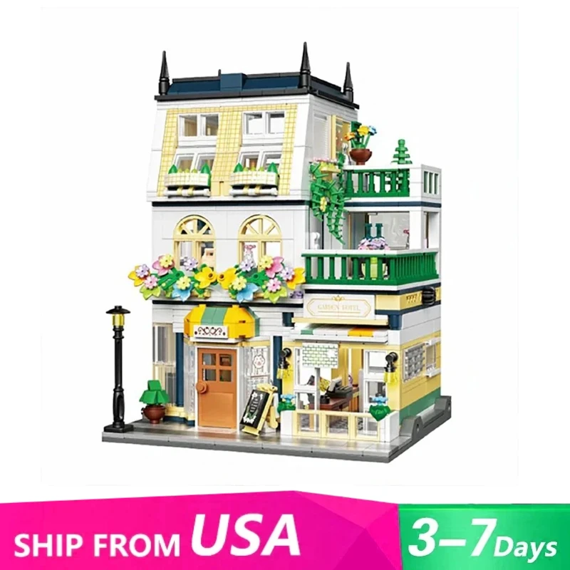 

997PCS Creative Expert MOC City Street Garden Hotel Building Blocks Modular Model Mini Brick LED Puzzle Toys Children Gift