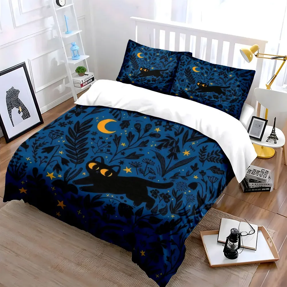 Floral Night Cat Decorative Set Soft Comfortable Duvet Cover Bedding Set Included 1*Duvet Cover & 2*Pillowcases, gift